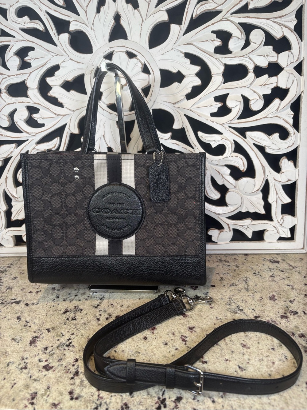 Coach Dempsey Carryall in Black Signature w Stripe Coach Patch #4113